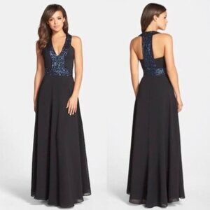 Dress the Population DELANI Maxi Evening Formal Gown – Black + Blue Sequin SMALL